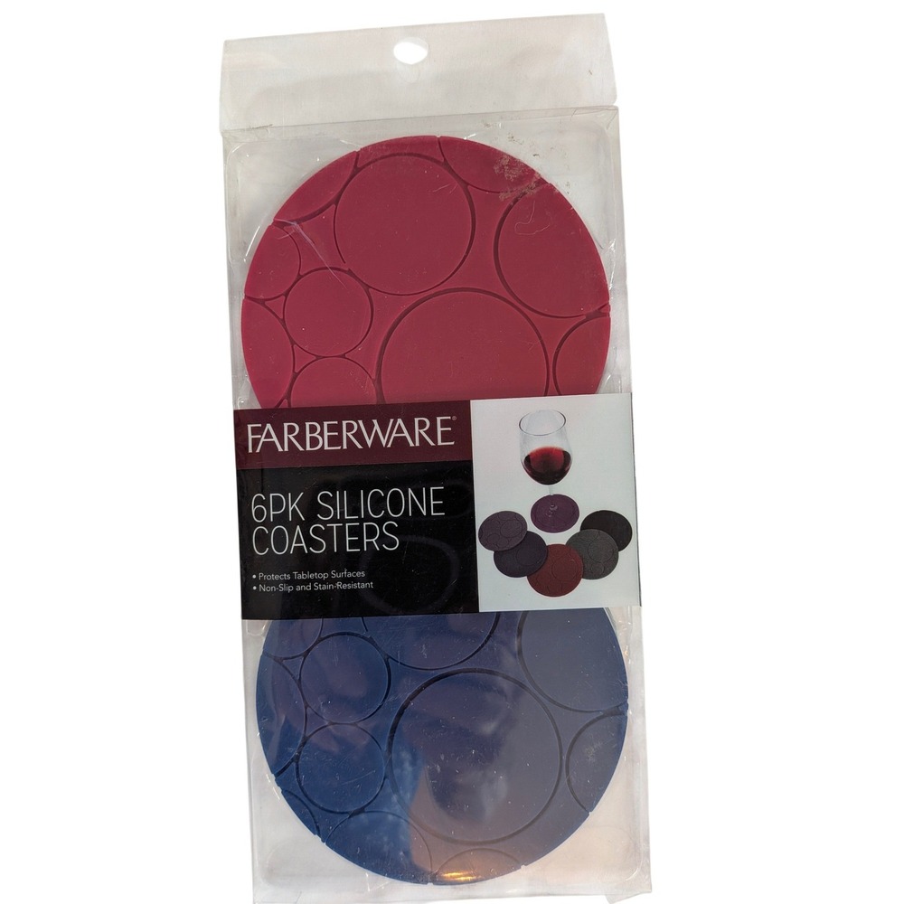 Farberware 6PK Silicone Coasters Multicolor Non-Slip Stain-Resistant New
